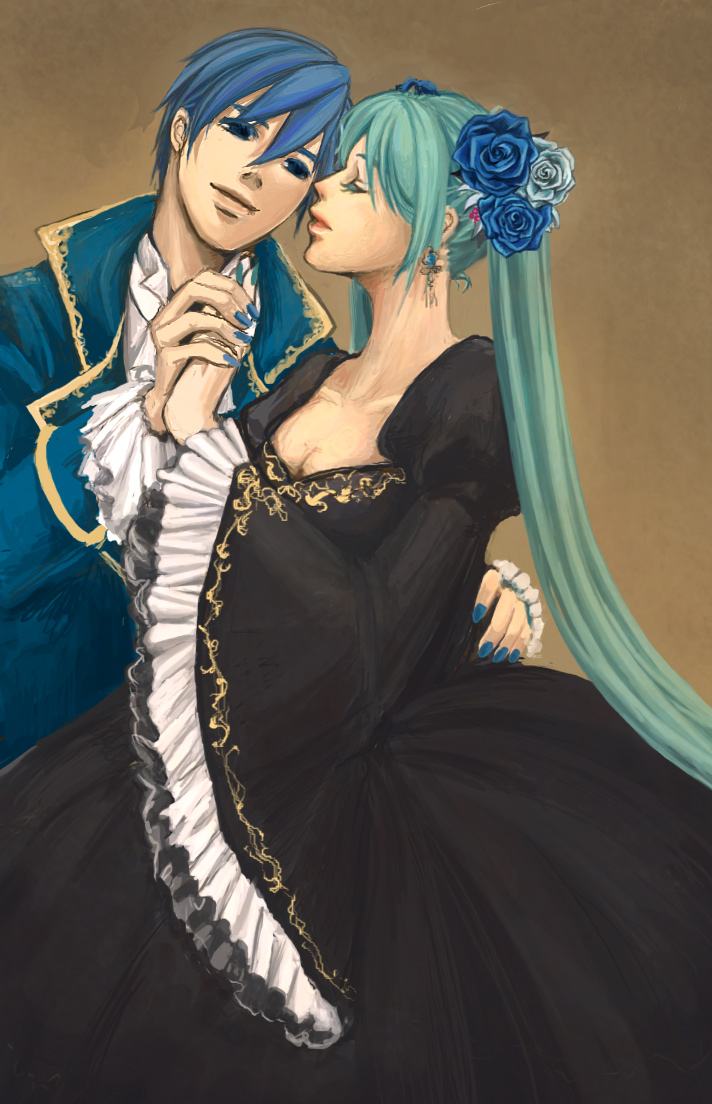 hatsune miku, kaito (vocaloid), cantarella (vocaloid), vocaloid, 1boy, 1girl, aqua hair, aqua nails, black dress, blue eyes, blue hair, blue nails, blue rose, breasts, cleavage, closed eyes, dress, earrings, flower, hetero, holding hands, jewelry, long hair, nail polish, rose, twintails