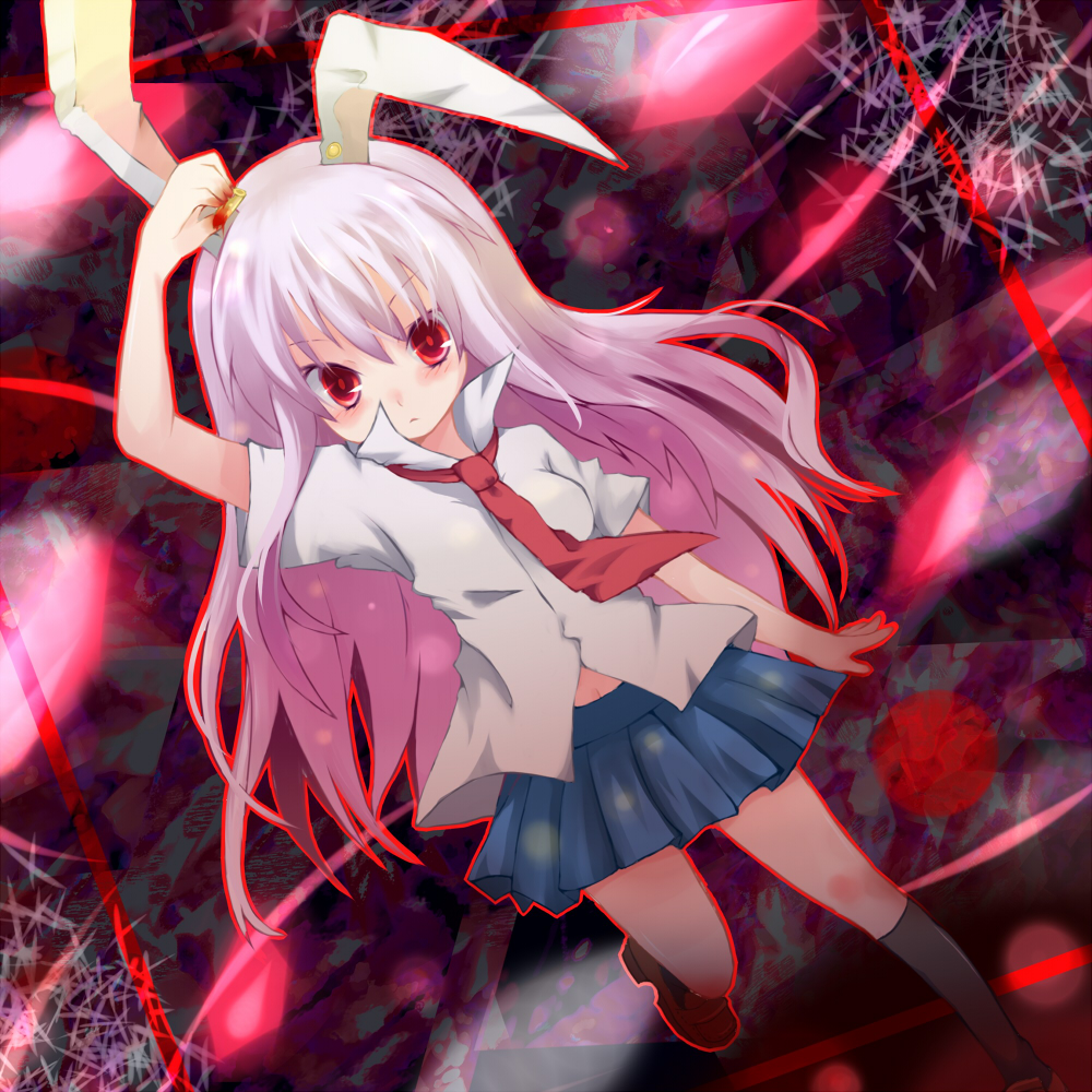 kodamari, reisen udongein inaba, touhou, bad id, bad pixiv id, 1girl, animal ears, blush, bullet, female focus, long hair, nail polish, navel, necktie, pink hair, purple hair, rabbit ears, red eyes, red necktie, skirt, solo