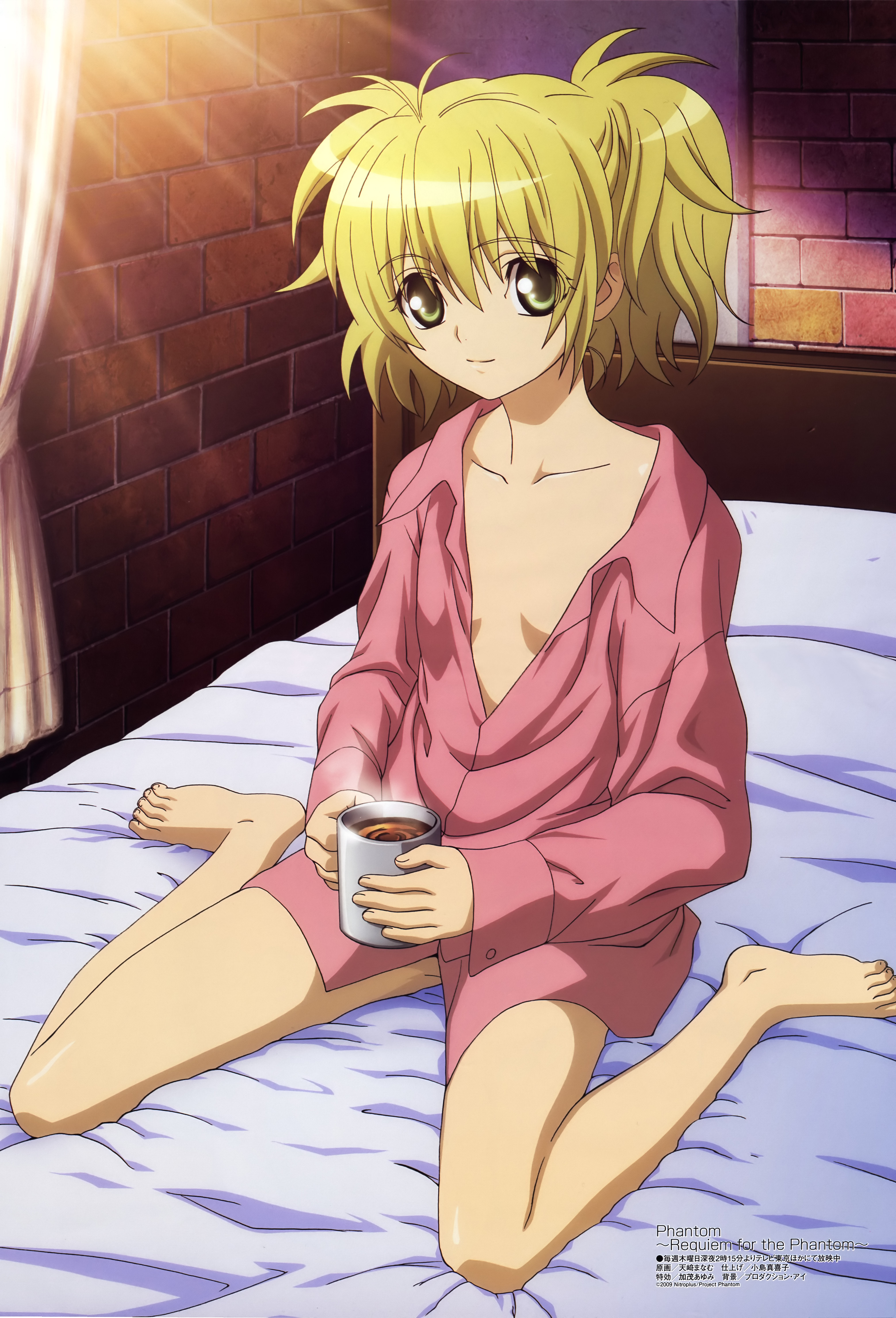 amasaki manamu, cal devens, drei, megami magazine, phantom of inferno, requiem for the phantom, absurdres, highres, non-web source, official art, scan, 1girl, antenna hair, bare legs, barefoot, bed, blonde hair, brick wall, brown eyes, collarbone, cup, curtains, dress shirt, drink, feet, female focus, flat chest, green eyes, hair between eyes, holding, indoors, light rays, looking at viewer, messy hair, mug, naked shirt, no pants, open clothes, open shirt, ponytail, shirt, short hair, sitting, smile, solo, spread legs, steam, sunbeam, sunlight, toes, wariza