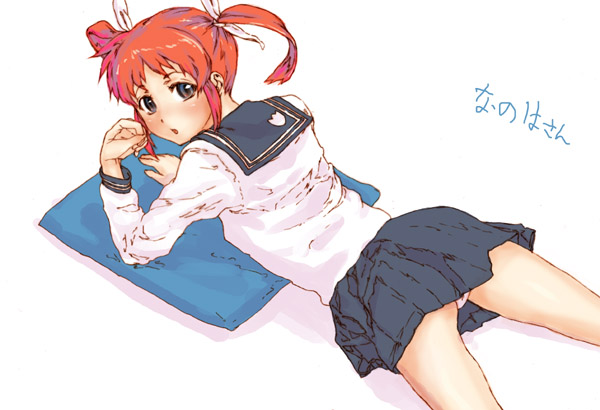 yamashita kurowo, takamachi nanoha, lyrical nanoha, mahou shoujo lyrical nanoha, 00s, ass, blush, looking back, lying, red hair, school uniform, short hair, skirt, twintails