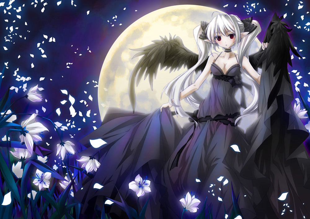 lilithbloody, bad id, bad pixiv id, 1girl, demon, demon girl, dress, female focus, flower, moon, petals, pointy ears, red eyes, solo, twintails, white hair, wings