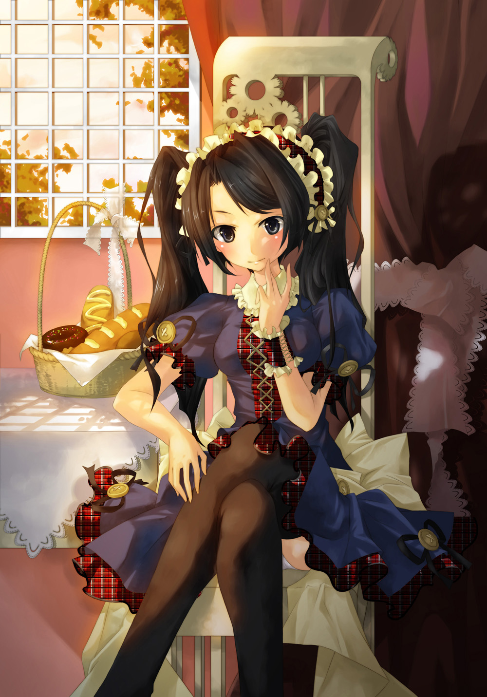 lilithbloody, plaid, bad id, bad pixiv id, highres, basket, black eyes, black hair, bread, food, hairband, maid, ribbon, sitting, solo, sunset, thighhighs, twintails, wrist cuffs