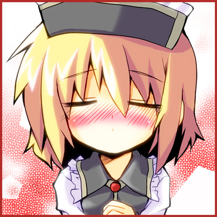 kotojima motoki, kotoshima, lunasa prismriver, touhou, bad id, bad pixiv id, lowres, 1girl, blonde hair, blush, closed eyes, female focus, hat, incoming kiss, short hair, solo