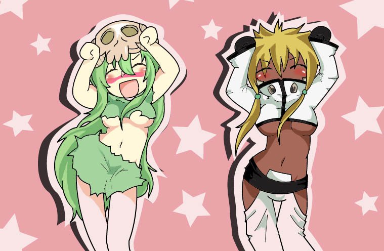 xxdaffyxx, nelliel tu odelschwanck, tier harribel, bleach, arrancar, blonde hair, blush, breasts, caramelldansen, chibi, closed eyes, dark skin, espada, green hair, hollow, midriff, smile, torn clothes, underboob