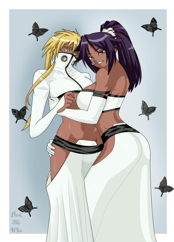 darkthewise, shihouin yoruichi, tier harribel, bleach, 00s, 2girls, arrancar, blonde hair, breasts, dark-skinned female, dark skin, hollow (bleach), multiple girls, number tattoo, ponytail, purple hair, tattoo, underboob