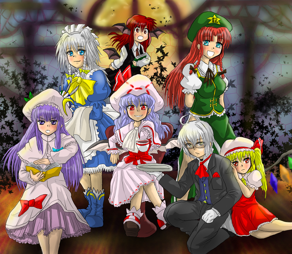 enokuma uuta, flandre scarlet, hong meiling, izayoi sakuya, koakuma, morichika rinnosuke, patchouli knowledge, remilia scarlet, embodiment of scarlet devil, touhou, silver hair, 1boy, 6+girls, bat wings, blonde hair, blue hair, blush, book, braid, breasts, butler, dress, glasses, hairband, hat, head wings, knife, long hair, maid, multiple girls, nature, plant, ponytail, purple eyes, purple hair, red eyes, red hair, ribbon, short hair, side ponytail, skirt, sky, throwing knife, twin braids, weapon, wings