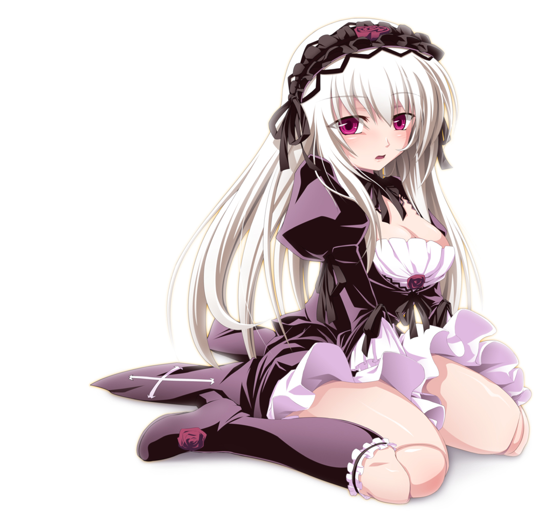gucchi, suigintou, rozen maiden, 00s, 1girl, boots, breasts, cleavage, doll joints, dress, female focus, frills, hairband, joints, knee boots, long hair, purple eyes, solo, white hair