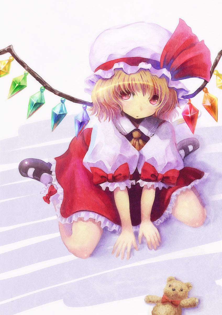 hyuuga azuri, flandre scarlet, embodiment of scarlet devil, touhou, highres, 1girl, blonde hair, female focus, hat, red eyes, short hair, solo, stuffed animal, stuffed toy, teddy bear, wings