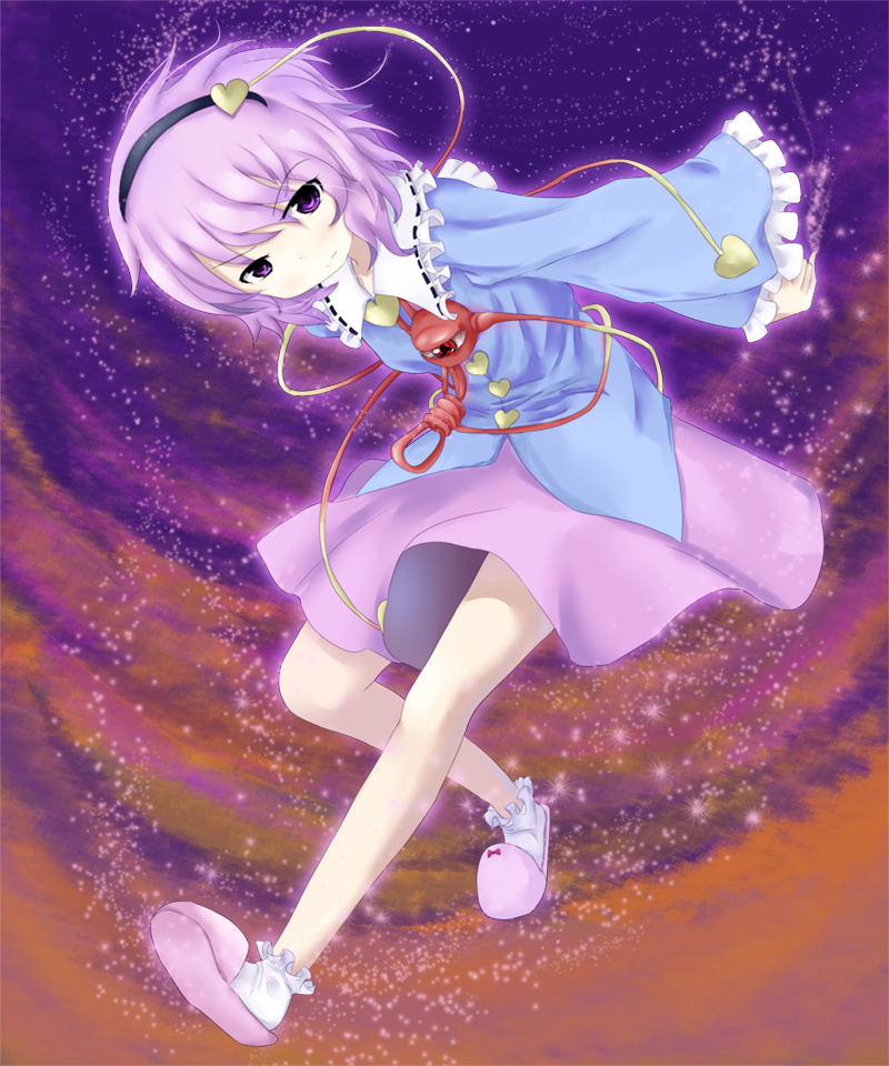 you (pixiv249955), you (shimizu), komeiji satori, touhou, bad id, bad pixiv id, 1girl, female focus, full body, hairband, heart, purple eyes, purple hair, short hair, slippers, solo
