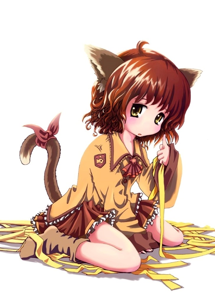 usual, original, bad id, bad pixiv id, animal ears, brown hair, cat ears, cat tail, child, curly hair, ribbon, school uniform, short hair, skirt, socks, solo, tail, tail ornament, tail ribbon, yellow eyes