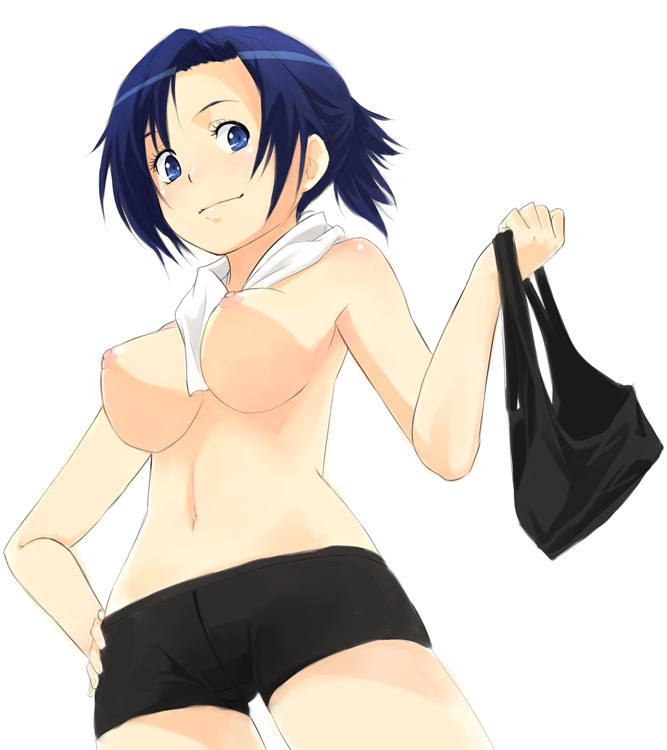 yui 7, original, bad id, bad pixiv id, 1girl, between breasts, bike shorts, blue eyes, blue hair, breasts, female focus, from below, hand on own hip, hip focus, large breasts, matching hair/eyes, navel, nipples, ponytail, solo, tank top, topless female, towel