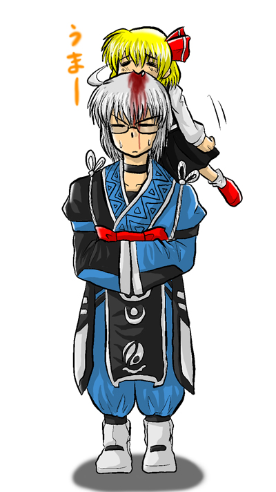 enokuma uuta, morichika rinnosuke, rumia, embodiment of scarlet devil, touhou, 1boy, 1girl, biting, blonde hair, blood, full body, glasses, hair ribbon, head biting, japanese clothes, red eyes, ribbon, short hair, skirt, white background