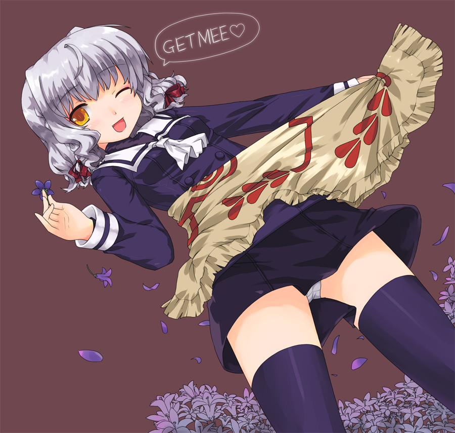 ktsecond, bell zephyr, night wizard, silver hair, 00s, one eye closed, panties, pantyshot, short hair, skirt, solo, speech bubble, thighhighs, underwear, upskirt, white panties, wink, yellow eyes, zettai ryouiki