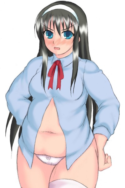 tohno akiha, tsukihime, 00s, 1girl, bad anatomy, black hair, blue eyes, blush, breasts, female focus, hairband, long hair, medium breasts, navel, panties, plump, poorly drawn, solo, thighhighs, underwear, white panties, white thighhighs