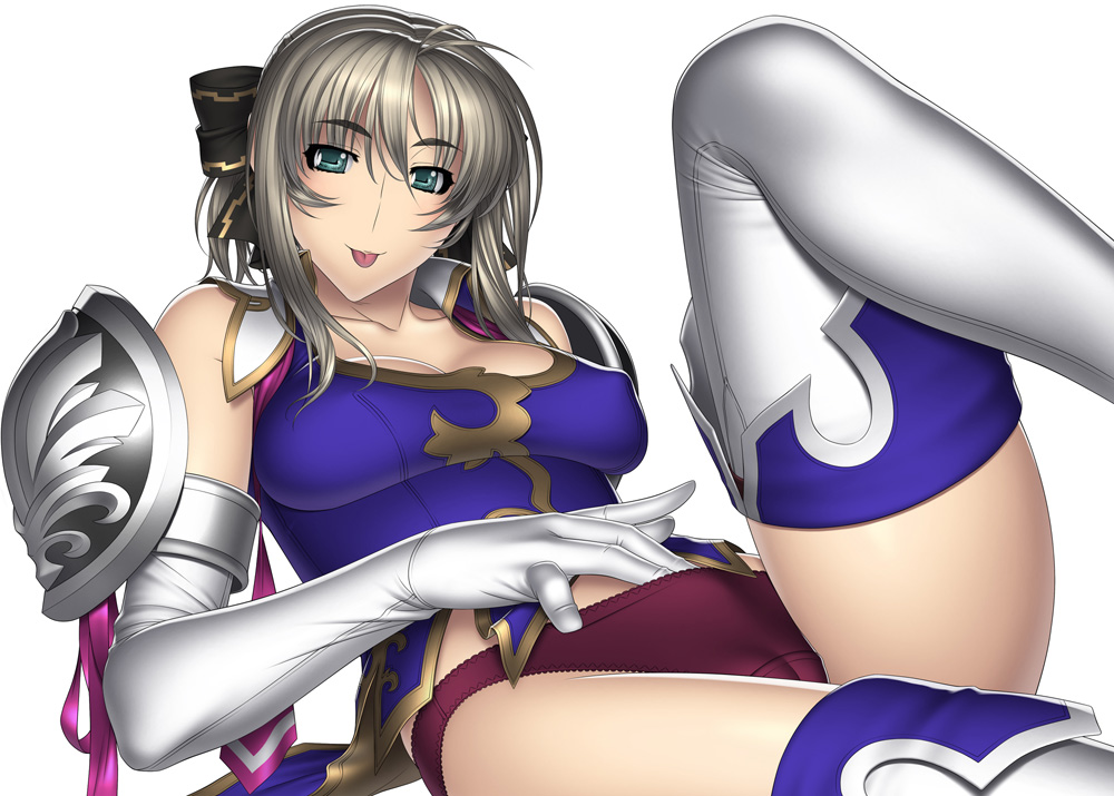 kansuke, cassandra alexandra, soul calibur, soulcalibur, soulcalibur iv, 1girl, :p, aqua eyes, bare shoulders, blonde hair, blush, bow, breasts, brown hair, cameltoe, covered erect nipples, elbow gloves, female focus, gloves, green eyes, hair bow, large breasts, leotard, panties, ponytail, shoulder pads, solo, thighhighs, tongue, tongue out, underwear