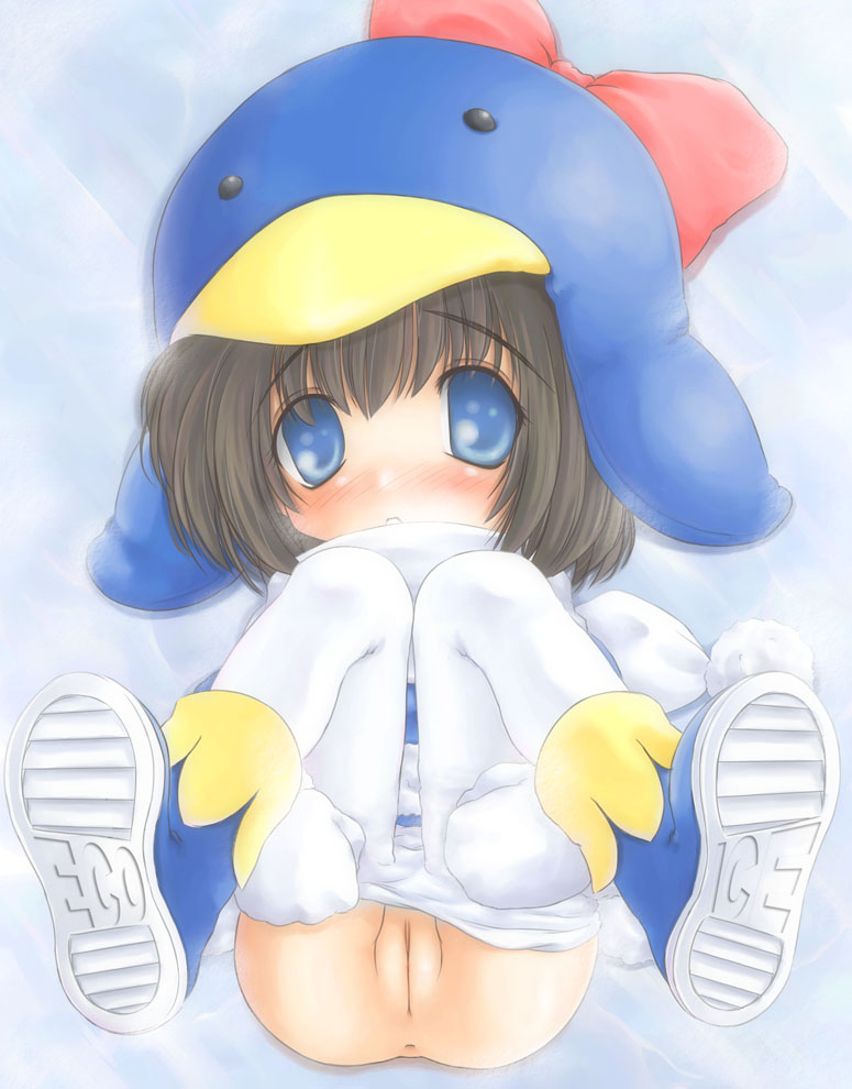 hide (rightstuff annex), ecoco, ekokuice, 1girl, anus, blue eyes, blush, brown hair, clothes pull, female focus, hat, leggings, loli, pantyhose, pantyhose pull, pussy, ribbon, scarf, short hair, solo, thighhighs, uncensored, undressing, white pantyhose