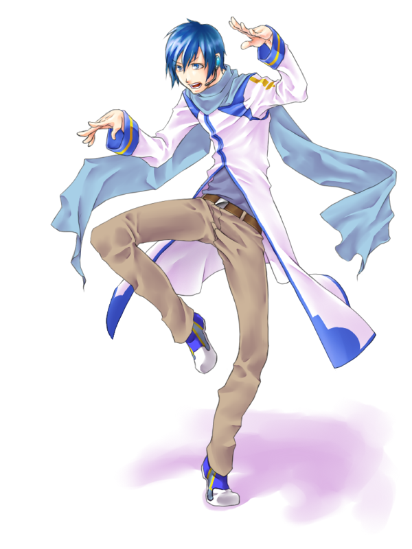 ayo, kaito (vocaloid), vocaloid, bad id, bad pixiv id, 1boy, blue eyes, blue hair, blue scarf, headset, male focus, matching hair/eyes, open mouth, scarf, simple background, solo, standing, standing on one leg