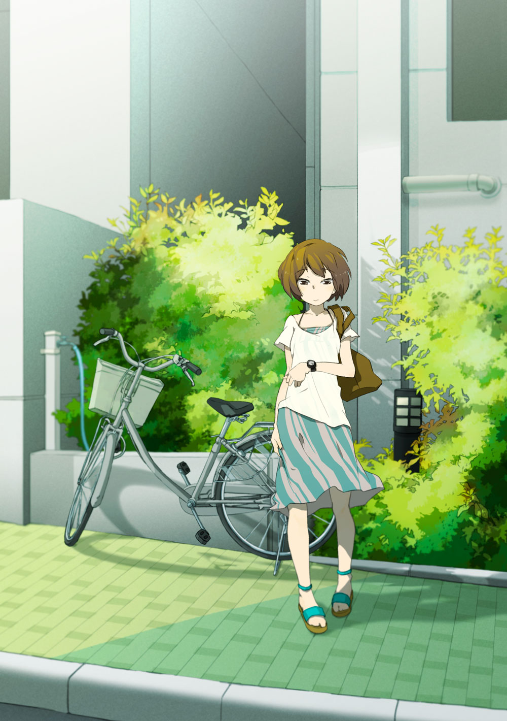 name (pixiv), name (sh), original, bad id, bad pixiv id, highres, 1girl, bag, bicycle, blouse, brown eyes, brown hair, building, bush, day, dress, female focus, full body, handbag, hose, no socks, outdoors, pavement, plant, sandals, shirt, short hair, short sleeves, sidewalk, skirt, sleeveless, sleeveless dress, solo, spaghetti strap, standing, striped clothes, striped dress, watch, white shirt, wide shot, wristwatch