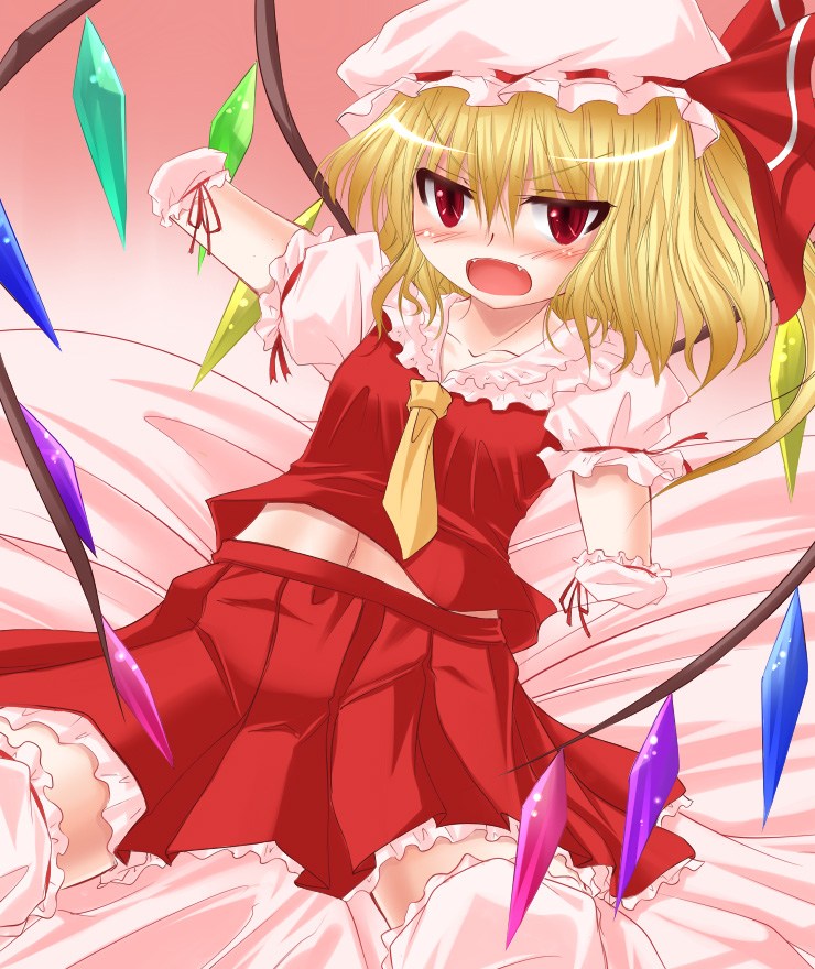 shimo (depthbomb), flandre scarlet, touhou, amputee, angry, blonde hair, blush, fangs, hat, open mouth, pillow, quadruple amputee, red eyes, sitting, skirt, wings