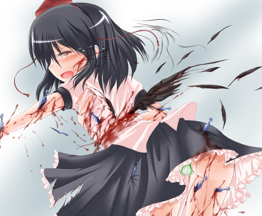 shimo (depthbomb), shameimaru aya, touhou, back, blood, feathers, female focus, flat chest, guro, hat, knife, open mouth, pain, panties, tears, tokin hat, torn clothes, underwear, wings