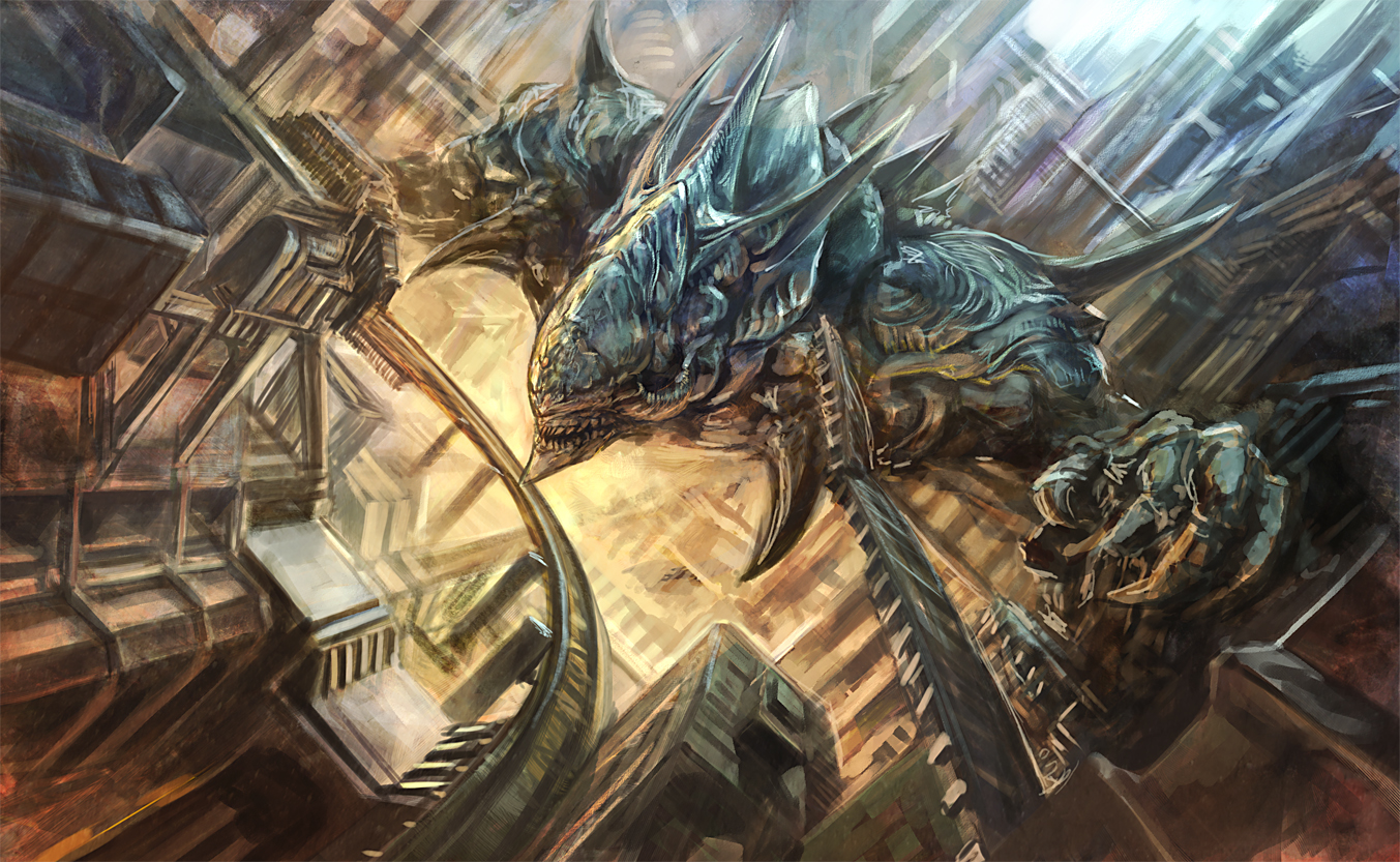 hayaken sarena, original, bad id, bad pixiv id, tagme, city, flying, monster, no humans