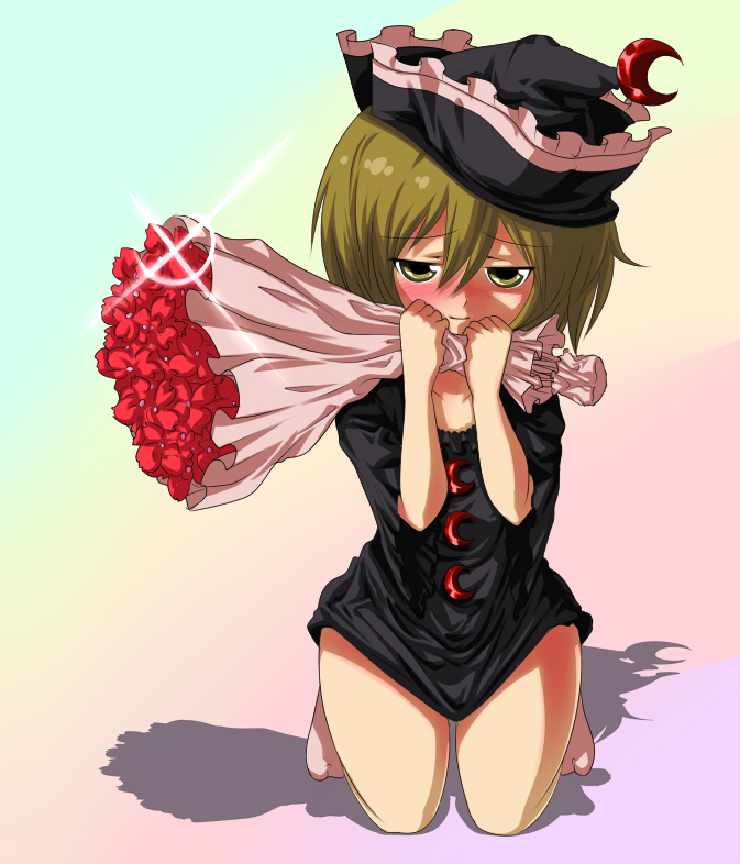 harusame (unmei no ikasumi), lunasa prismriver, touhou, 1girl, blonde hair, blush, bottomless, female focus, flower, full body, gradient background, kneeling, plant, short hair, solo, yellow eyes