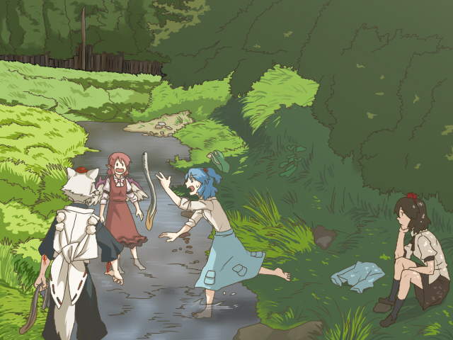 torinone, inubashiri momiji, kawashiro nitori, mystia lorelei, shameimaru aya, touhou, 4girls, animal ears, arms at sides, barefoot, blouse, day, dress, eel, female focus, grass, hat, head rest, jacket, miniskirt, multiple girls, outdoors, pinafore dress, pocket, pom pom (clothes), red hat, river, scenery, shirt, sitting, skirt, sleeveless, sleeveless dress, sleeves rolled up, slice of life, socks, standing, standing on one leg, surprised, tail, two side up, unworn jacket, wading, white shirt, wolf ears, wolf tail