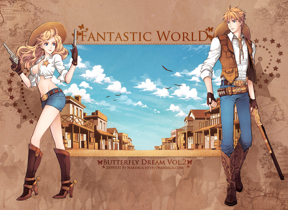 nardack, original, bad id, bad pixiv id, 1boy, 1girl, badge, belt, bird, blonde hair, blue eyes, boots, breasts, bullet, cleavage, cloud, cowboy, cowboy boots, cowboy hat, cowboy western, cropped jacket, day, denim, denim shorts, dual wielding, earrings, full body, gloves, gun, handgun, hat, holding, jeans, jewelry, large breasts, legs, lips, long hair, looking back, midriff, pants, revolver, rifle, shirt, shorts, sky, sleeves rolled up, star (symbol), tied shirt, town, vest, weapon