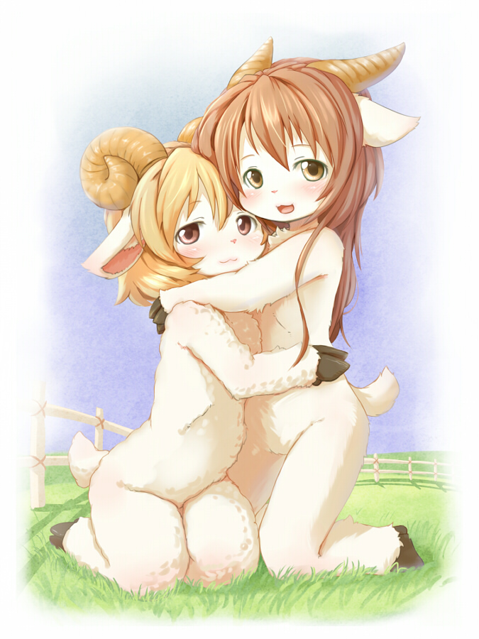 ka (pixiv341010), kagerofu, bad id, 2girls, :3, animal ears, barefoot, blonde hair, blush, farm, fence, furry, goat, goat girl, grass, hooves, horns, hug, kneeling, long hair, multiple girls, nude, open mouth, outdoors, sheep, sheep girl, smile, zenra