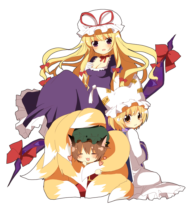 kurot, chen, yakumo ran, yakumo yukari, touhou, 3girls, :3, animal ears, blonde hair, breasts, brown hair, cat ears, cat girl, cat tail, cleavage, closed eyes, earrings, female focus, fox tail, gap (touhou), hair ribbon, hat, heart, hugging another's tail, hugging tail, jewelry, long hair, multiple girls, multiple tails, purple eyes, ribbon, short hair, smile, tail, yellow eyes