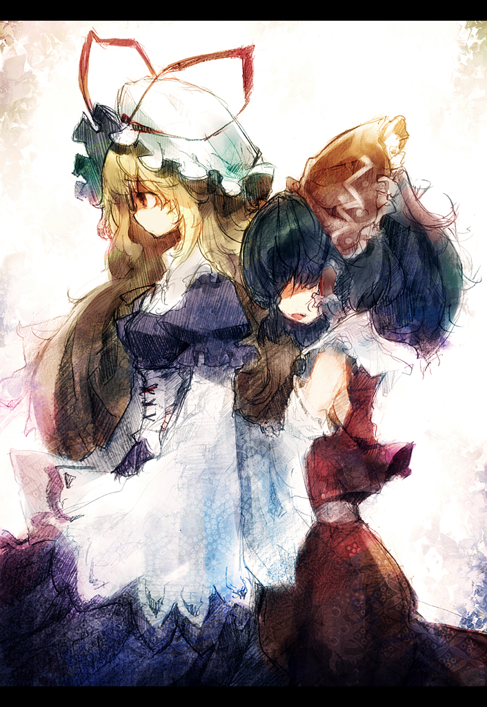 ukyo rst, hakurei reimu, yakumo yukari, touhou, 2girls, black hair, blonde hair, detached sleeves, female focus, hat, japanese clothes, letterboxed, miko, multiple girls