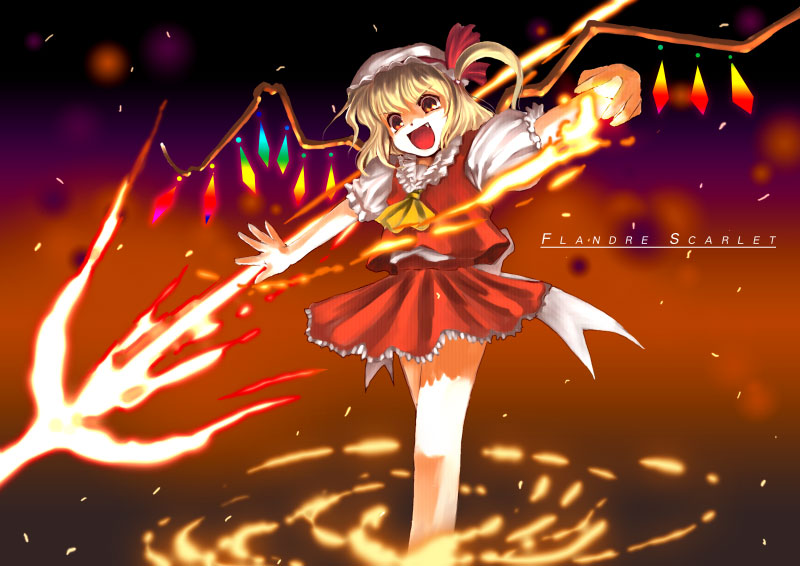 flandre scarlet, touhou, 1girl, blonde hair, blush, bow, dress, fang, female focus, fire, hair between eyes, hat, legs, red eyes, ribbon, short hair, side ponytail, skirt, solo, vampire, weapon, wings