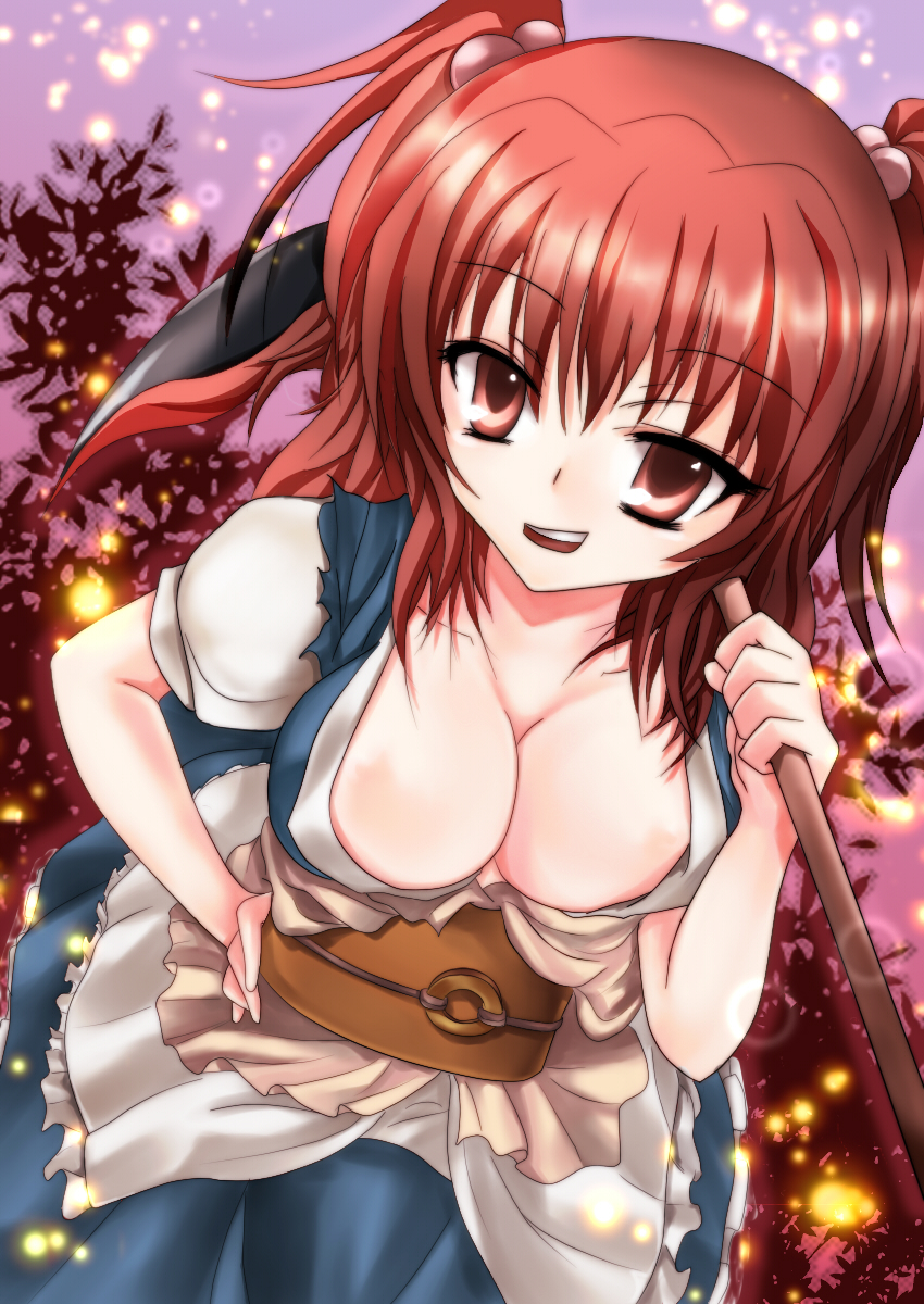 chikuwa coffee (milk soda), kounosuke (embellir), onozuka komachi, touhou, colorized, highres, 1girl, breasts, cleavage, female focus, hair bobbles, hair ornament, large breasts, red eyes, red hair, scythe, solo, twintails, two side up