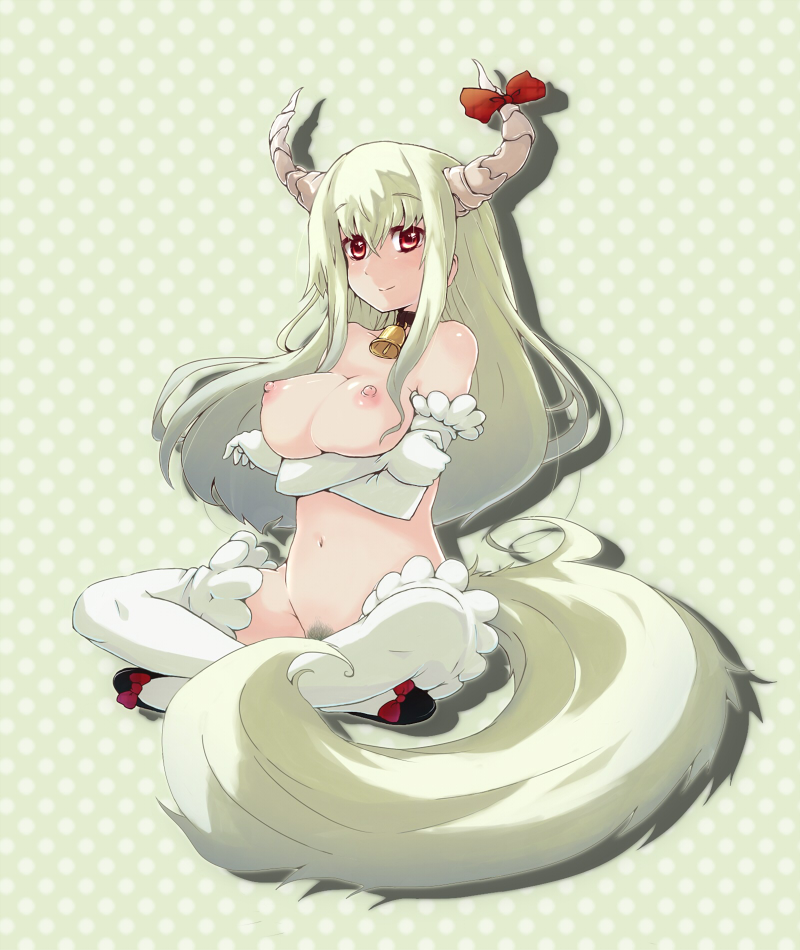 chiwino, ex-keine, kamishirasawa keine, touhou, breast hold, 1girl, bell, breasts, collar, crossed arms, crossed legs, elbow gloves, female focus, female pubic hair, gloves, green hair, horns, indian style, jingle bell, large breasts, long hair, navel, neck bell, nipples, nude, polka dot, polka dot background, pubic hair, red eyes, sitting, smile, solo, tail, thighhighs