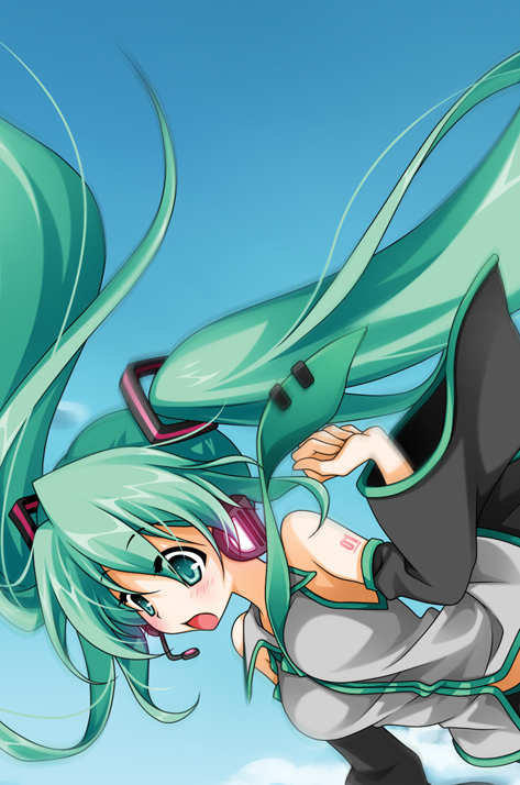 reina (black spider), hatsune miku, vocaloid, bad id, bad pixiv id, detached sleeves, falling, green eyes, green hair, headset, long hair, necktie, solo, twintails