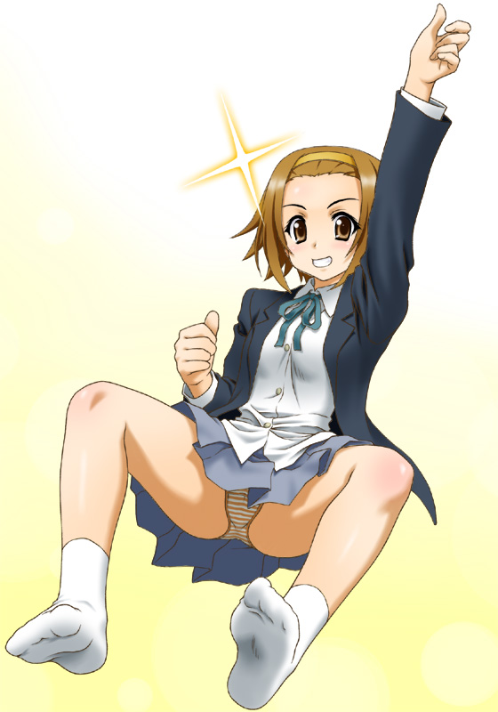 peter (artist), tainaka ritsu, k-on!, 00s, 1girl, brown eyes, brown hair, feet, female focus, full body, gradient background, hairband, panties, pantyshot, school uniform, short hair, socks, solo, spread legs, striped clothes, striped panties, tomboy, underwear