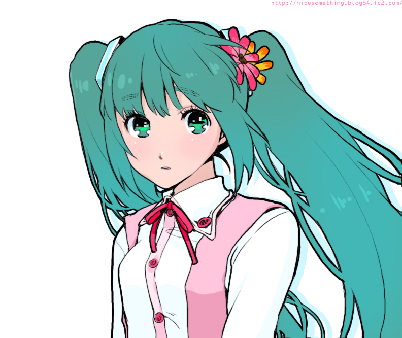 kari (kakko k), hatsune miku, vocaloid, bad id, bad pixiv id, bow, buttons, eye reflection, flower, flowers in hair, green eyes, green hair, hair ornament, pink bow, reflection, simple background, solo, twintails, vest, watermark, white background