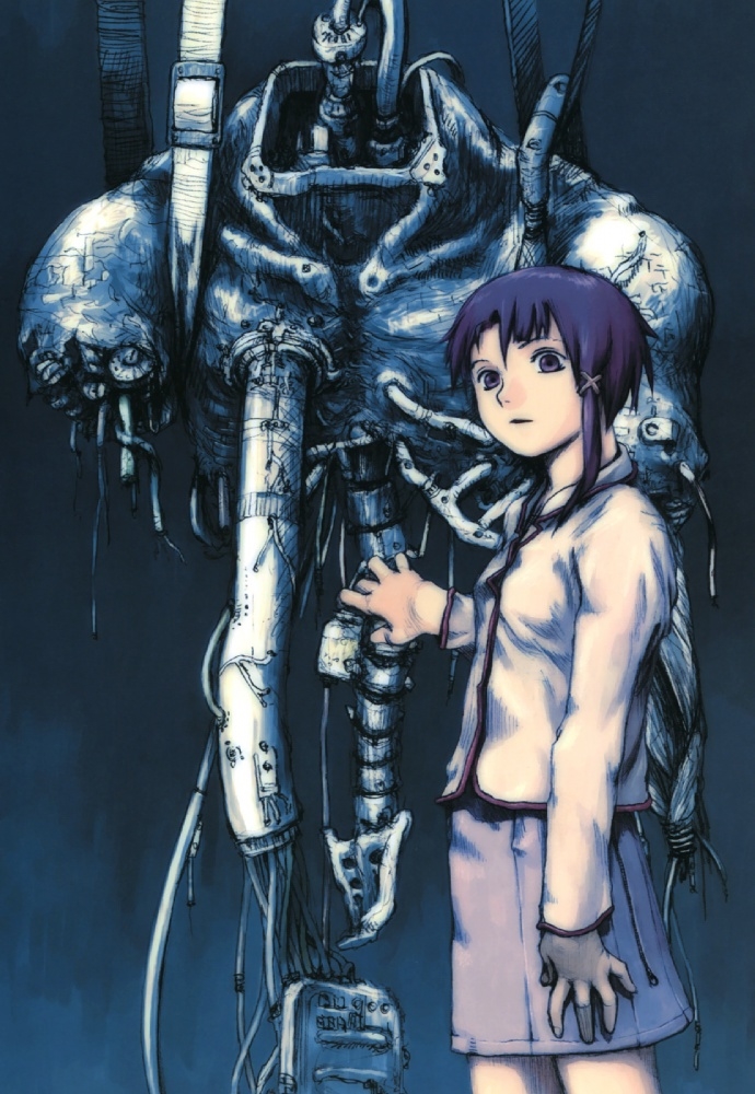 abe yoshitoshi, iwakura lain, serial experiments lain, official art, 1990s (style), 1girl, asymmetrical bangs, cable, cowboy shot, female focus, hair ornament, hairclip, industrial pipe, retro artstyle, robot, solo, standing, wire