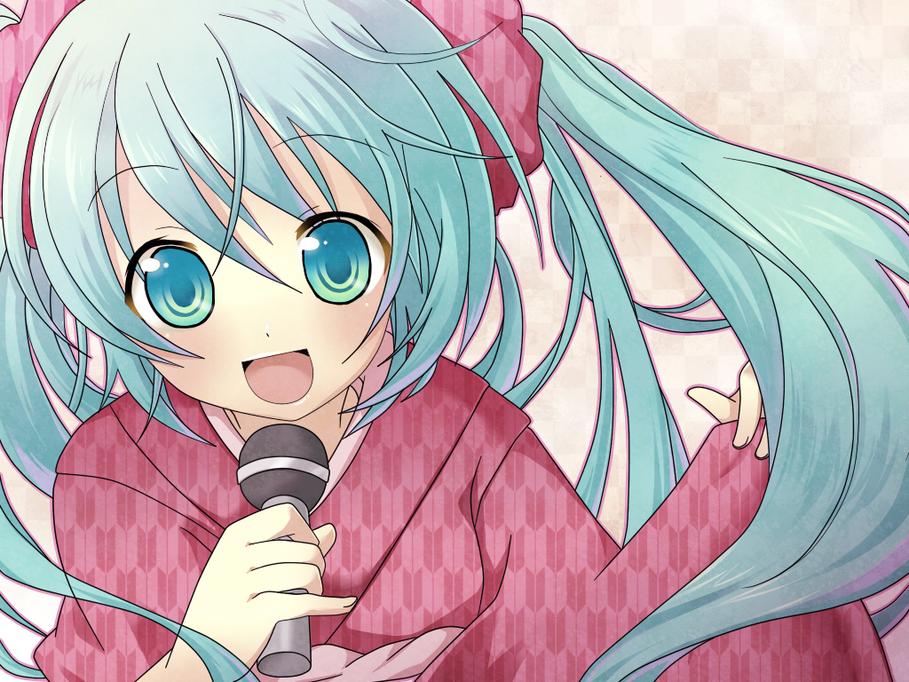 oota minoru, hatsune miku, vocaloid, bad id, bad pixiv id, 1girl, aqua eyes, aqua hair, female focus, japanese clothes, kimono, long hair, microphone, solo, twintails, unmoving pattern, yagasuri