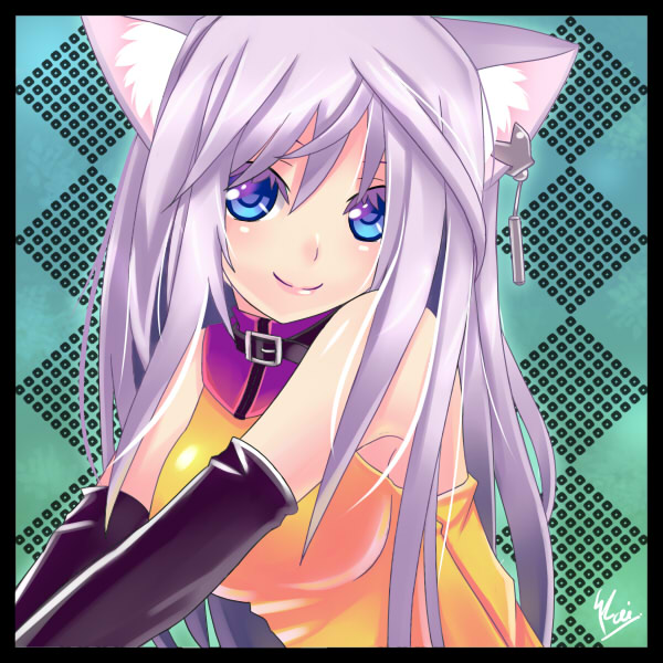 kaizeru, original, silver hair, 1girl, animal ears, blue eyes, breasts, cat ears, cat girl, elbow gloves, female focus, gloves, long hair, purple hair, solo