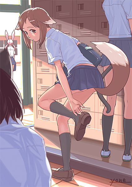 yonezawa mao, original, bad id, bad pixiv id, 4girls, animal ears, bag, brown eyes, brown hair, cat ears, cat tail, fox ears, fox tail, getabako, multiple girls, putting on footwear, rabbit ears, school, school bag, school uniform, serafuku, shoe lockers, skirt, slice of life, tail