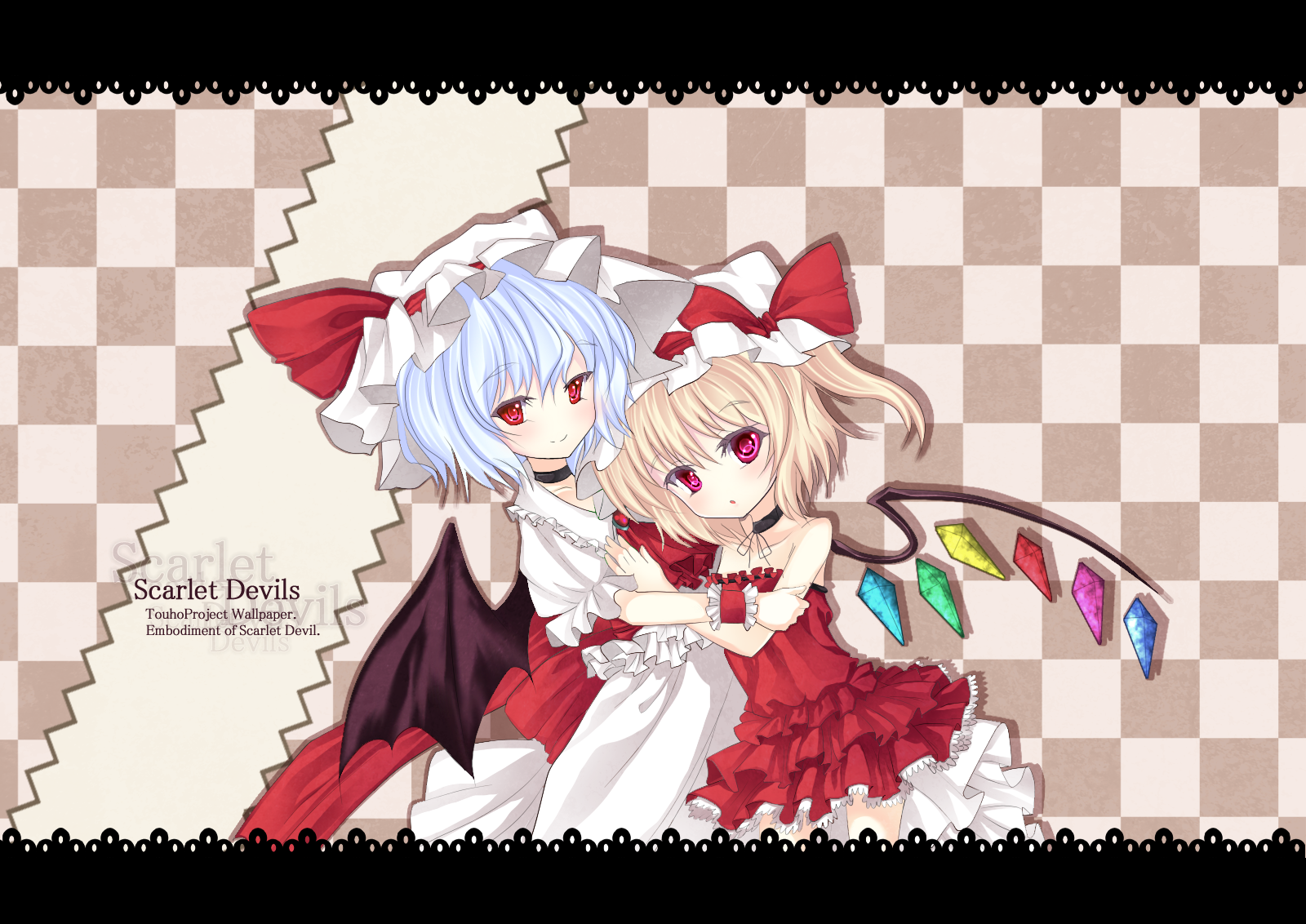 kiyomin, flandre scarlet, remilia scarlet, touhou, highres, 2girls, bat wings, blonde hair, blue hair, female focus, hat, multiple girls, ponytail, red eyes, short hair, siblings, side ponytail, sisters, wings, wrist cuffs