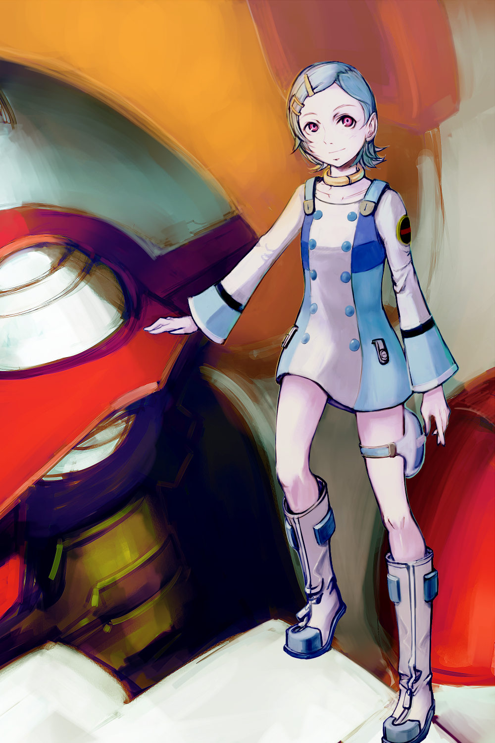 kansou samehada, eureka (eureka seven), eureka seven, eureka seven (series), bad id, bad pixiv id, highres, 00s, 1girl, blue hair, boots, collar, female focus, flat chest, hair ornament, hairclip, mecha, pink eyes, robot, short hair, solo, thigh strap, white boots