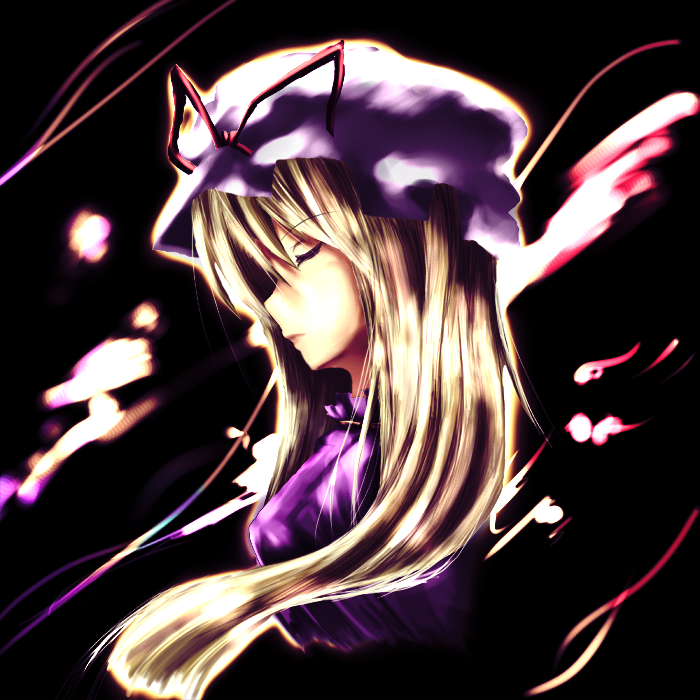 kiyomin, yakumo yukari, touhou, bad id, bad pixiv id, 1girl, blonde hair, female focus, hat, long hair, ribbon, solo