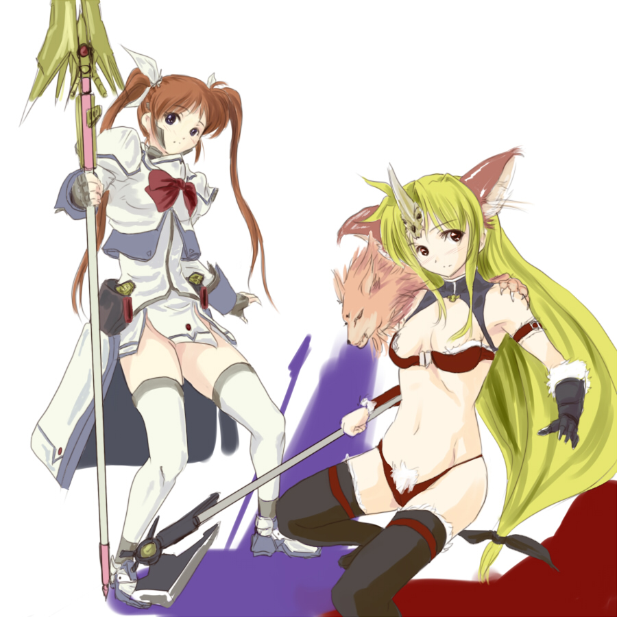 junsama, arf, bardiche (assault form) (nanoha), bardiche (nanoha), fate testarossa, fenrir knight, raising heart, raising heart (exelion mode), riesz, takamachi nanoha, lyrical nanoha, mahou shoujo lyrical nanoha, seiken densetsu, seiken densetsu 3, bad id, bad pixiv id, 2girls, animal ears, blonde hair, cosplay, gloves, horns, long hair, low-tied long hair, multiple girls, polearm, riesz (cosplay), single horn, spear, staff, thighhighs, twintails, very long hair, weapon, wolf, wolf ears