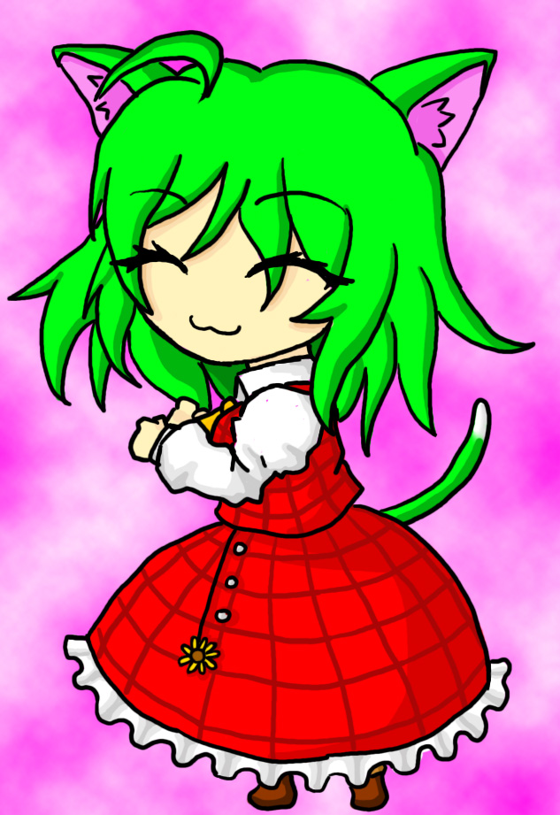 elma-ds (dollssong), kazami yuuka, touhou, 1girl, animal ears, cat ears, cat girl, cat tail, chibi, female focus, flower, green hair, short hair, solo, tail