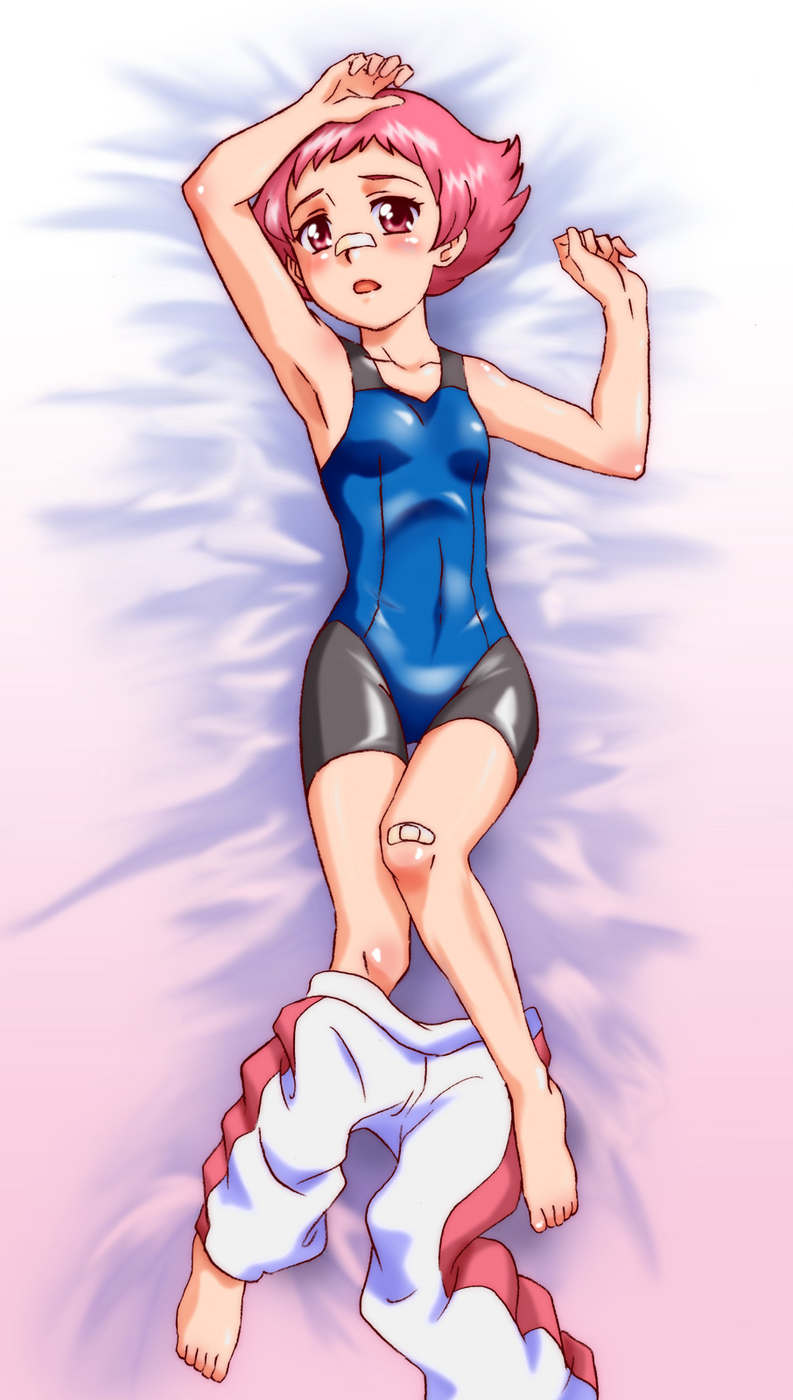 maylene (pokemon), nintendo, pokemon, pokemon dppt, highres, 00s, bandaid, bare legs, barefoot, bed, blush, dakimakura (medium), feet, gym leader, leotard, loli, lying, pink hair, short hair, solo, toes