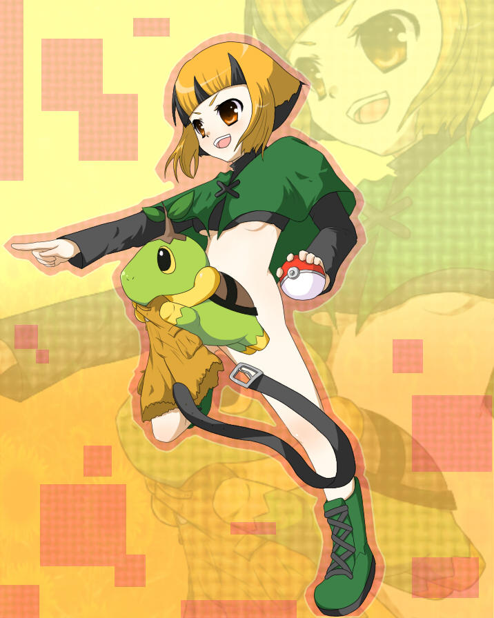 pikanchu, gardenia (pokemon), turtwig, nintendo, pokemon, 1girl, bottomless, breasts, gen 4 pokemon, gym leader, no pants, poke ball, pokemon (creature), underboob