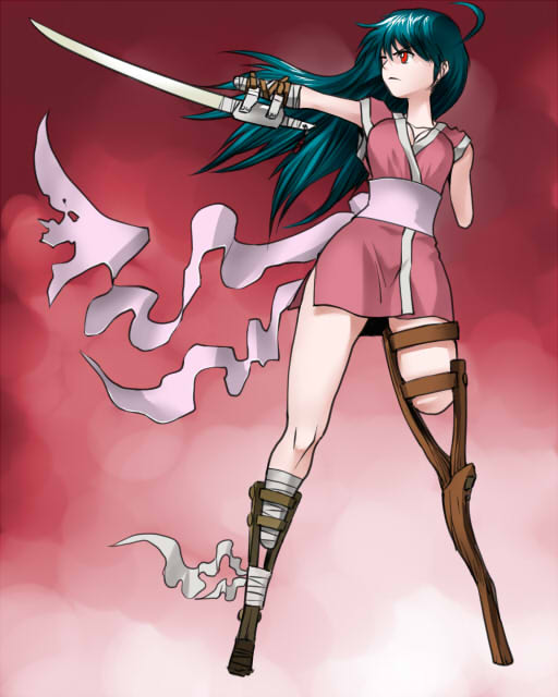 ahoge, amputee, bandages, breasts, cleavage, green hair, long hair, quadruple amputee, red eyes, sword, torn clothes, weapon