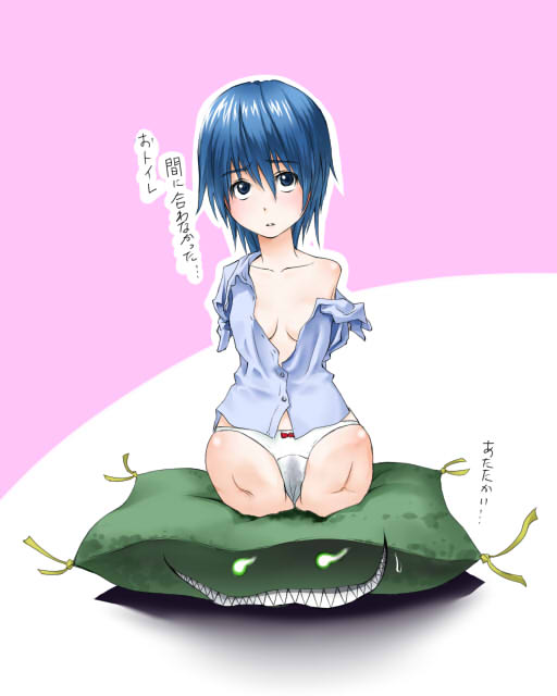amputee, blue eyes, blue hair, breasts, panties, pillow, quadruple amputee, shirt, sitting, stain, underwear